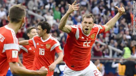 Artem Dzyuba of Russia celebrates after scoring a goal in a match against Saudi Arabia at World Cup finals in Moscow on June 14, 2018. (Kyodo)
==Kyodo
(Photo by Kyodo News via Getty Images)