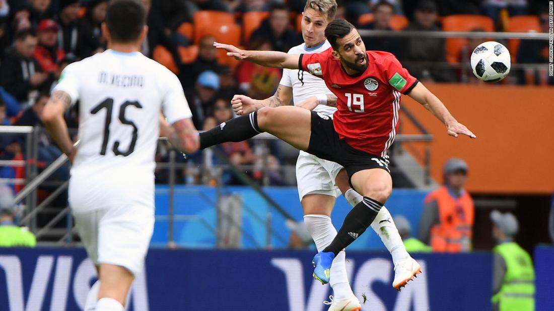 Egyptian midfielder Abdallah Said heads the ball during the match against Uruguay.