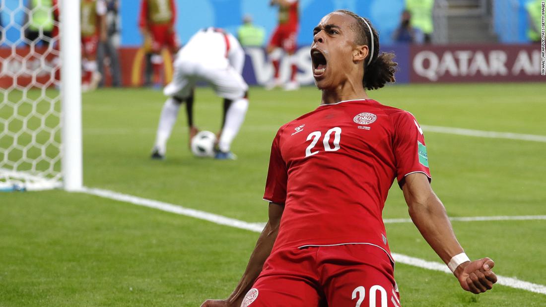 Denmark&#39;s Yussuf Poulsen reacts after he scored a goal against Peru on June 16. It turned out to be the only goal in the match.