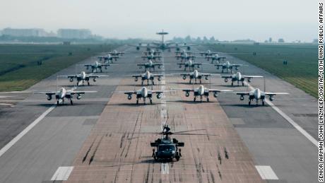 US military aircraft conduct an &quot;elephant walk&quot; exercise at Kadena Air Base on Okinawa in 2017. Experts fear US forces in Japan are concentrated on too few bases.