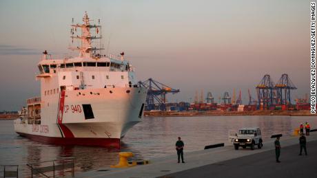 Italian coast guard vessel Dattilo carrying migrants at the port of Valencia, Spain on June 17. Italian Interior Minister Matteo Salvini had previously refused entry to the migrants. 