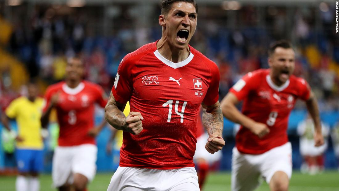 Switzerland&#39;s Steven Zuber celebrates after scoring a goal against Brazil on June 17. The two teams tied 1-1.