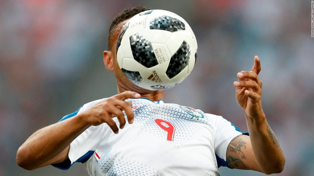 Panamanian forward Gabriel Torres controls the ball during the match against Belgium.