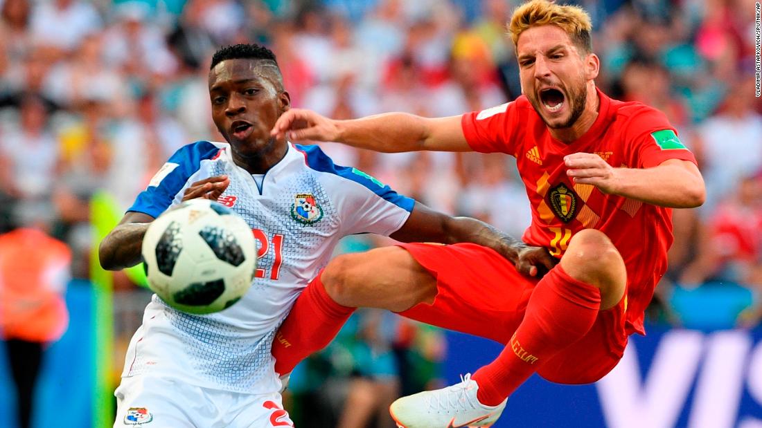 Belgium&#39;s Dries Mertens, right, competes for the ball with Panama&#39;s Jose Luis Rodriguez during their World Cup opener on June 18. Mertens scored a goal in Belgium&#39;s 3-0 victory.