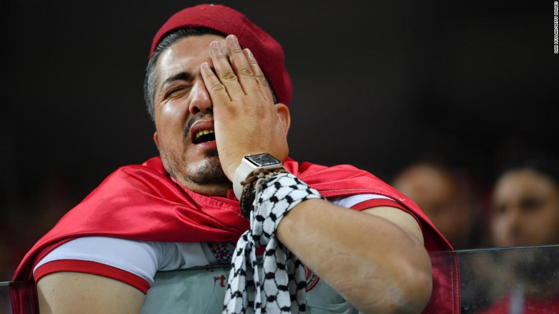 A Tunisia fan shows his dejection after the final whistle.