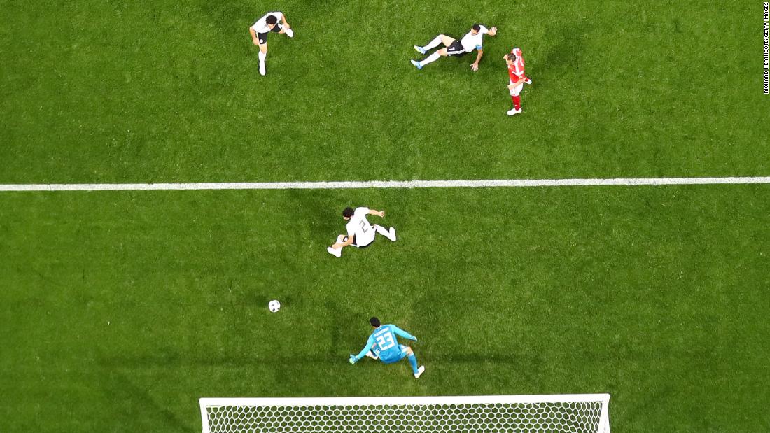 Russia&#39;s first goal came when the ball deflected off Egypt&#39;s Ahmed Fathi.