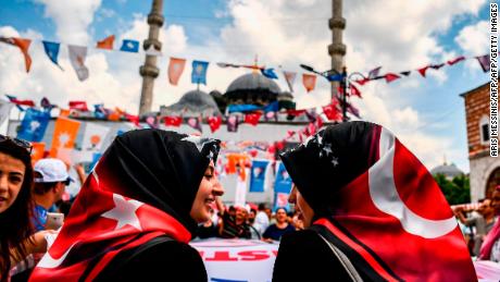 Women attending an Erdogan campaign event in Istanbul on June 19.