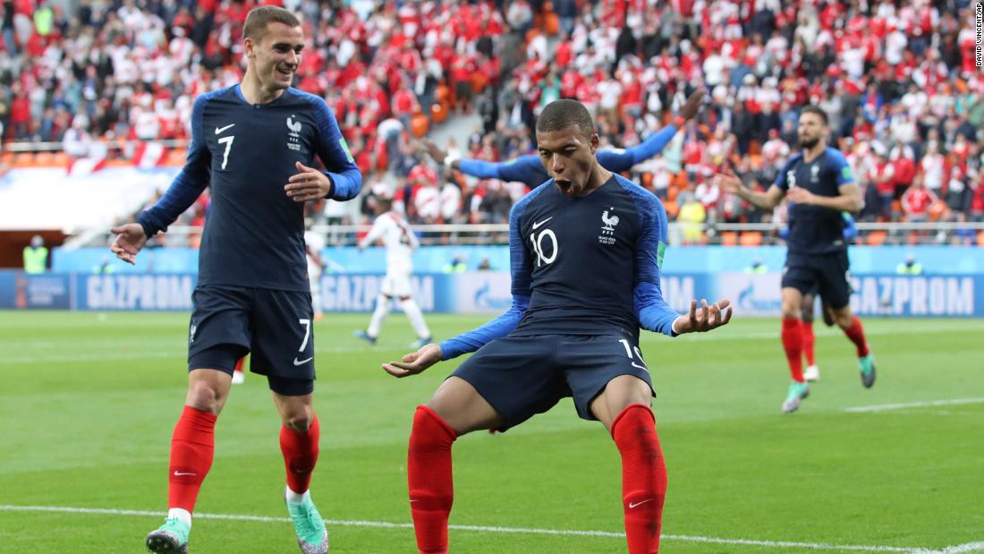 France&#39;s Kylian Mbappe, right, celebrates with teammate Antoine Griezmann after scoring against Peru on June 21. It was the only goal of the match.