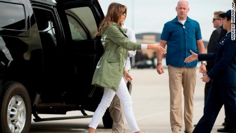 First lady Melania Trump arrives to board a plane at Andrews Air Force Base, Md., Thursday, June 21, 2018, to travel to Texas to visit the U.S.-Mexico border. (AP Photo/Andrew Harnik)