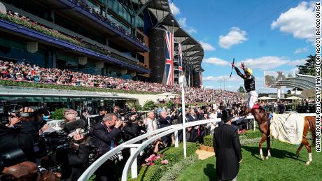 Frankie Dettori celebrates after riding Stradivarius to win the Ascot Gold Cup.