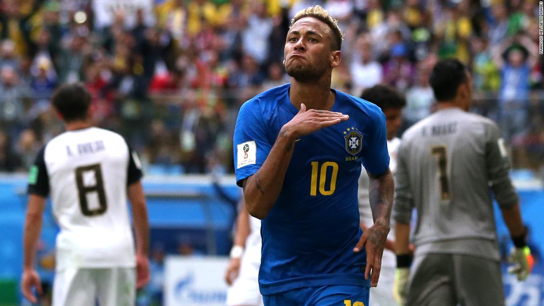 Neymar celebrates his last-second goal that finished off Brazil&#39;s 2-0 victory over Costa Rica on June 22.