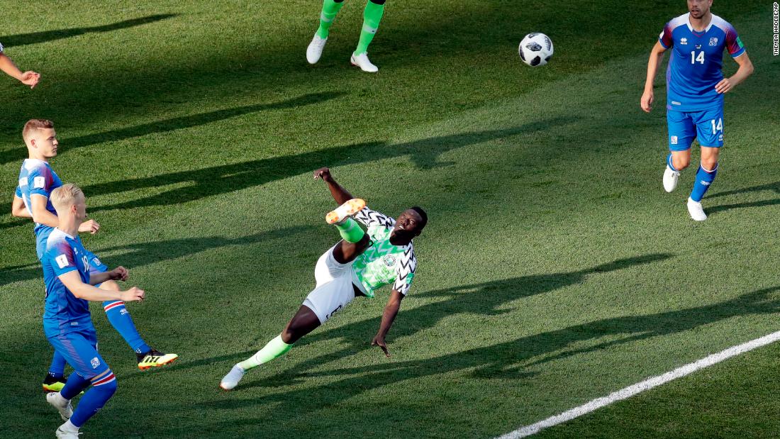 Nigerian midfielder Oghenekaro Etebo kicks the ball during a 2-0 victory over Iceland on June 22.