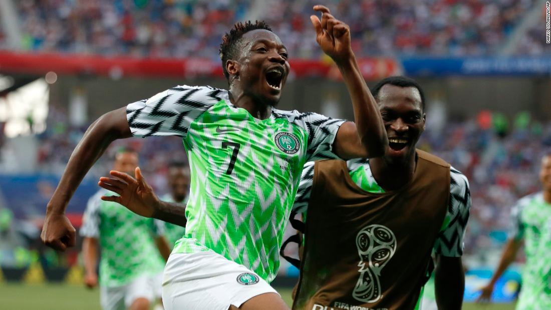 Ahmed Musa celebrates after scoring his second goal of the match against Iceland.