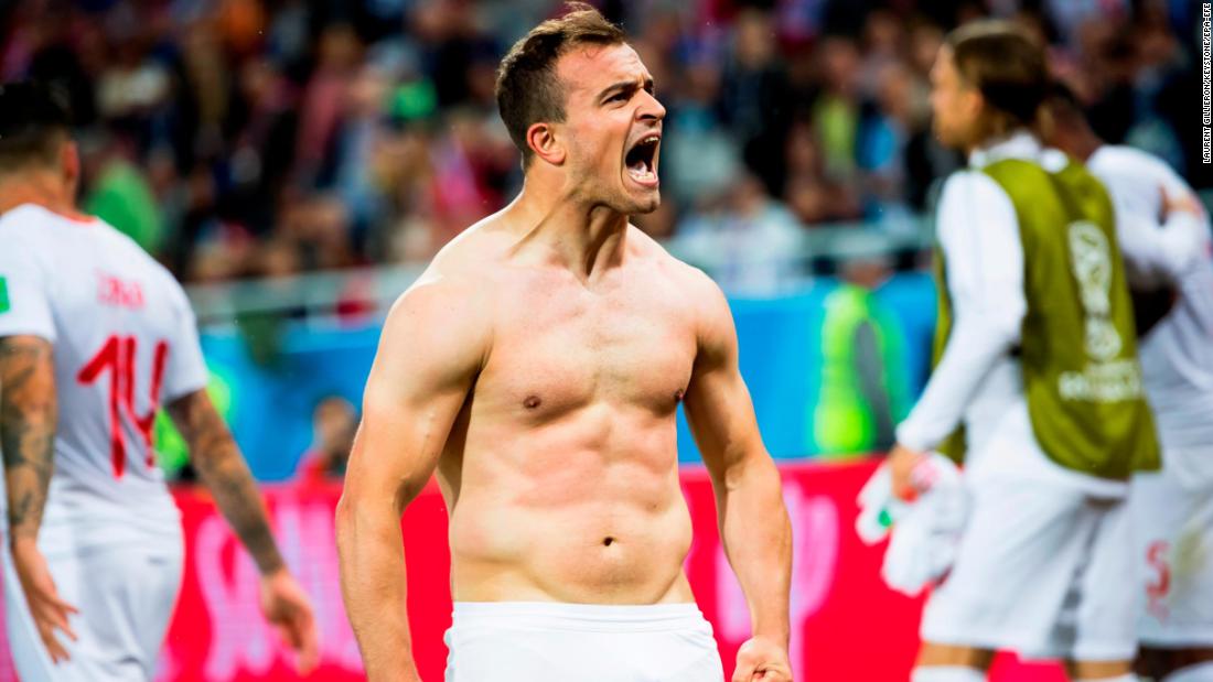 Swiss midfielder Xherdan Shaqiri celebrates after scoring the winning goal against Serbia on June 22. Switzerland won 2-1.