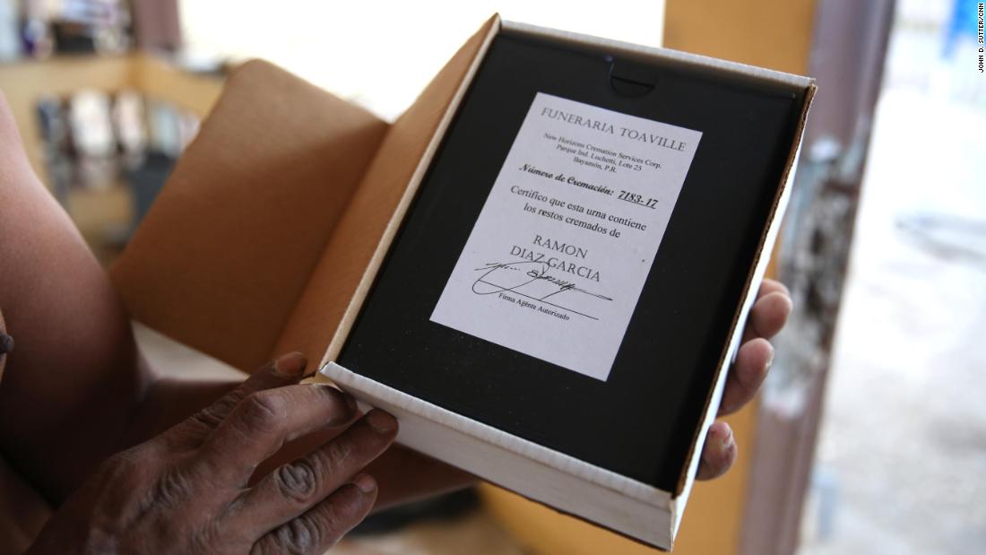 Luis Diaz Garcia keeps his brother's ashes in a box on his kitchen counter. He believes Ramon Diaz Garcia's death is related to Hurricane Maria. 