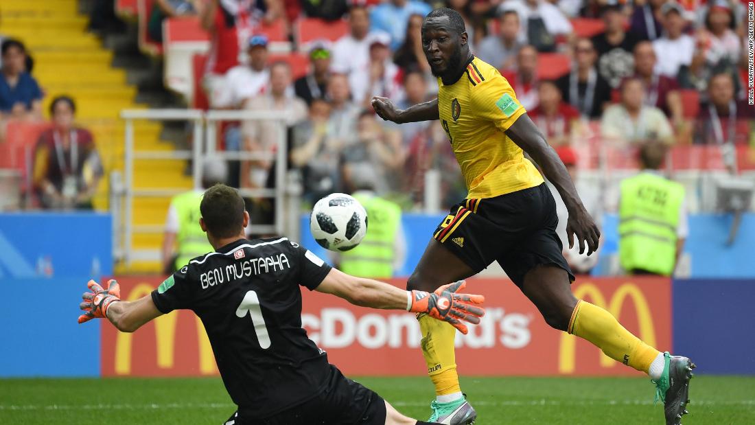 Belgium&#39;s Romelu Lukaku scores against Tunisia on June 23. He had a pair of goals in the match, which Belgium won 5-2.