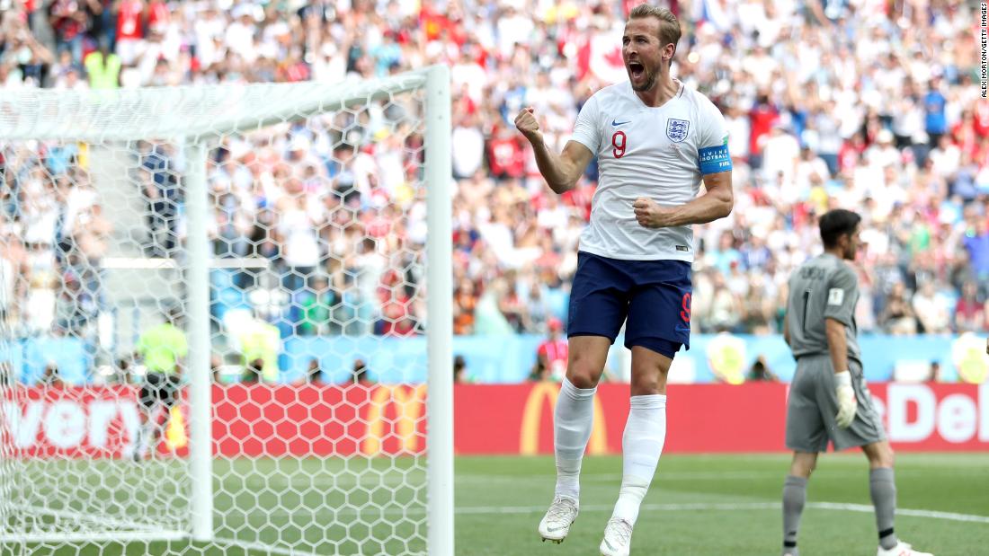 English striker Harry Kane celebrates after scoring a penalty in the 6-1 rout of Panama on June 24. Kane finished with a hat trick.