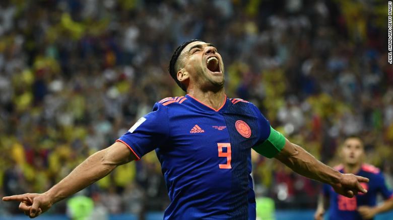 Colombian forward Falcao celebrates after scoring during his country&#39;s match against Poland. Colombia won, 3-0.