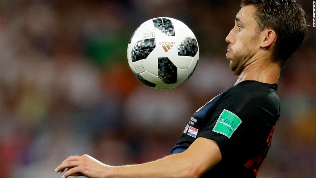 Croatia&#39;s Josip Pivaric prepares to chest the ball during the team&#39;s 1-0 win against Iceland on June 26. Croatia improved its record to 3-0 in the tournament.