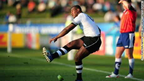 Seremaia Bai of Fiji attempts a kick at goal as Referee Nigel Owens of Wales looks on during the IRB 2011 Rugby World Cup Pool D match between Fiji and Namibia at Rotorua International Stadium on September 10, 2011 in Rotorua, New Zealand.  (Photo by Stu Forster/Getty Images)