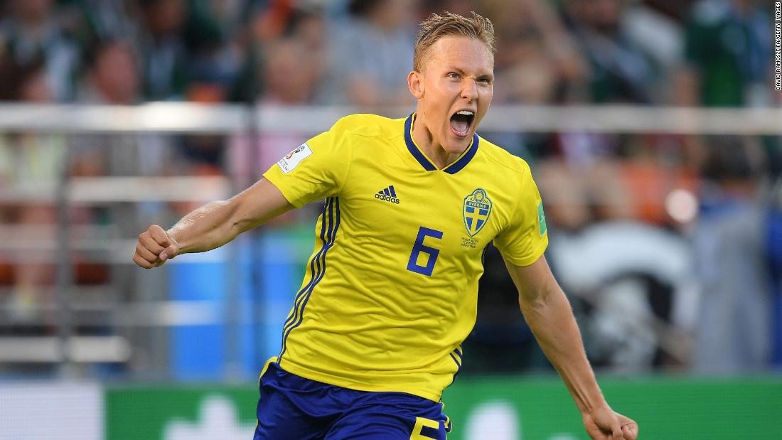 Ludwig Augustinsson celebrates after scoring Sweden&#39;s first goal in its 3-0 victory over Mexico on June 27. The result meant that Sweden would top Group F and Mexico would finish in second.