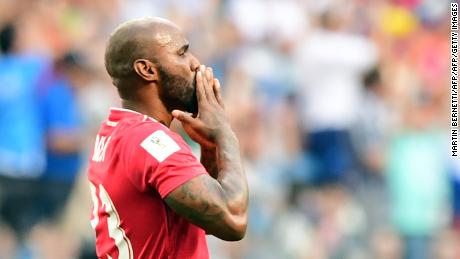 Panama's defender Felipe Baloy blows a kiss after scoring a goal during the Russia 2018 World Cup Group G football match between England and Panama at the Nizhny Novgorod Stadium in Nizhny Novgorod on June 24, 2018. (Photo by Martin BERNETTI / AFP) / RESTRICTED TO EDITORIAL USE - NO MOBILE PUSH ALERTS/DOWNLOADS        (Photo credit should read MARTIN BERNETTI/AFP/Getty Images)