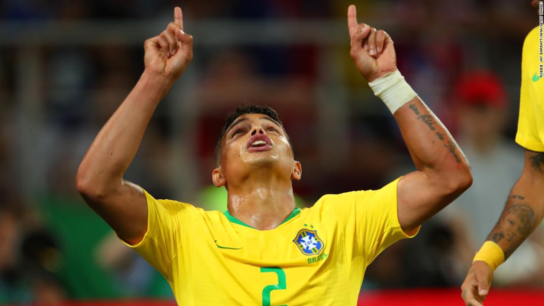 Brazilian defender Thiago Silva celebrates after his powerful header gave Brazil a 2-0 lead over Serbia on June 27. Brazil won Group E with two victories and a draw.