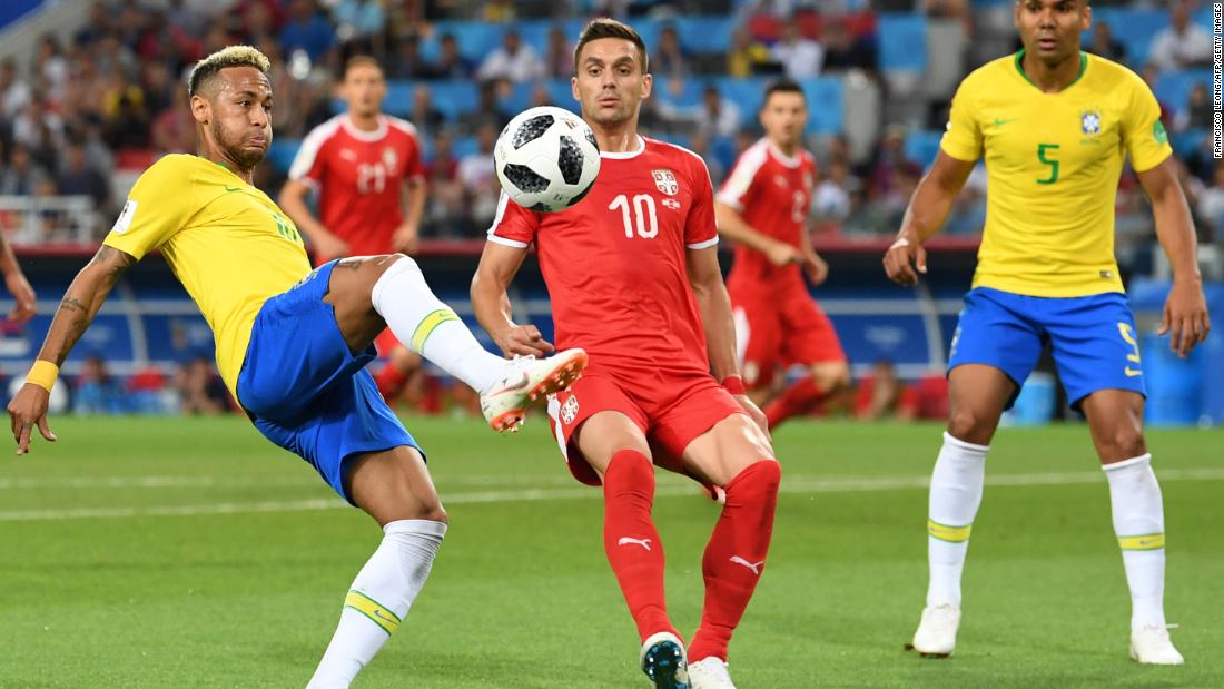 Brazilian star Neymar controls the ball during the Serbia match.