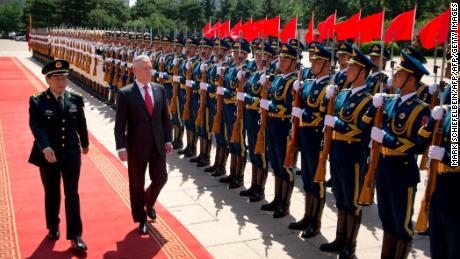 US Defence Secretary Jim Mattis and China's Defence Minister Wei Fenghe inspect and honour guard during a welcome ceremony at the Bayi Building in Beijing on June 27.