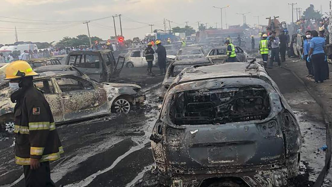 Rescue teams at the scene of the oil tanker explosion on the Lagos-Ibadan bridge, Lagos State, Nigeria on June 28, 2018.