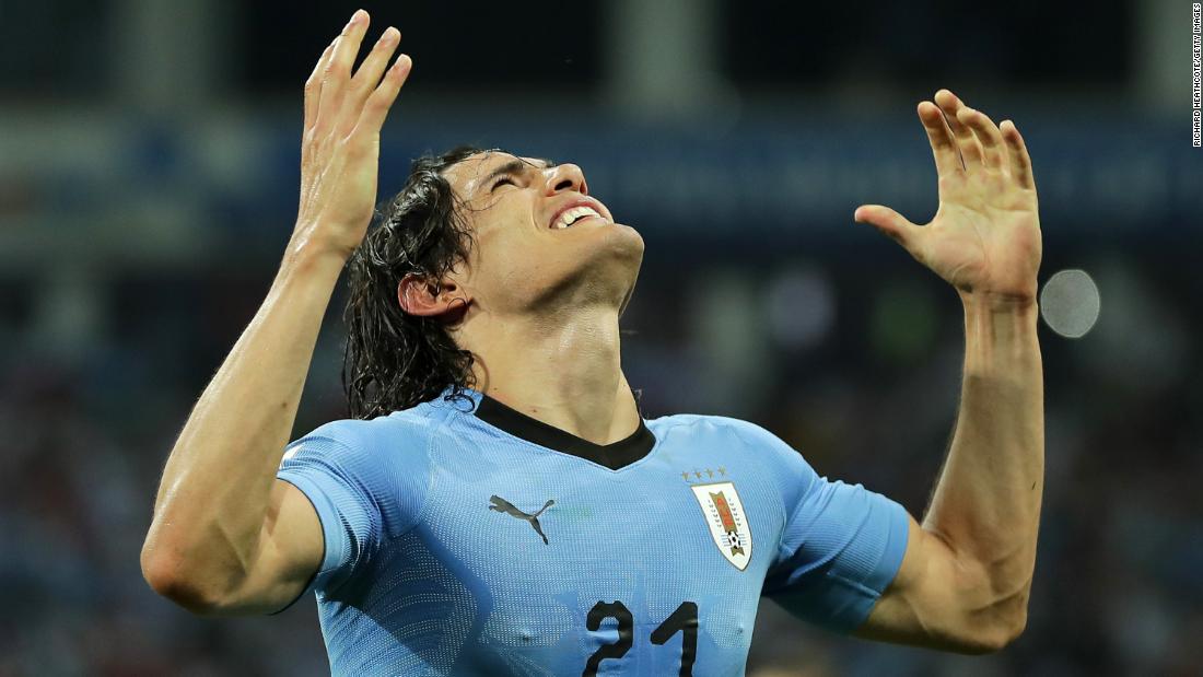 Edinson Cavani celebrates his second goal in a 2-0 victory over Portugal on June 30.