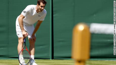 Andy Murray of Great Britain practices on court during training for the Wimbledon Lawn Tennis Championships.