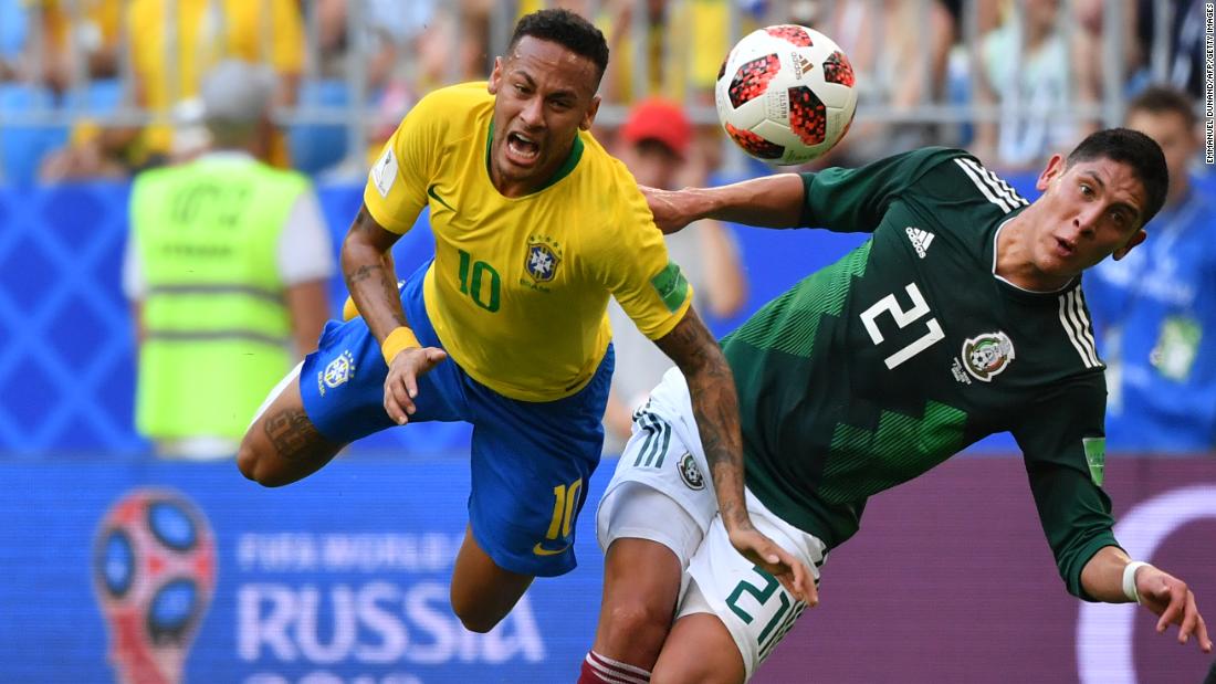 Brazilian star Neymar is fouled by Mexican defender Edson Alvarez during their round-of-16 match on July 2. Brazil won 2-0.