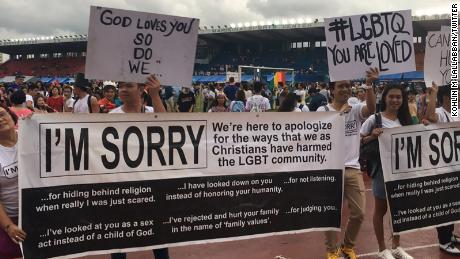 Members of the Church of Freedom in Christ Ministries apologize for Christians at a gay pride parade in the Phillipines.