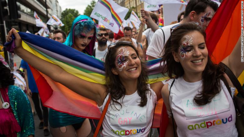 People take part in the annual Pride in London parade on June 27, 2015.