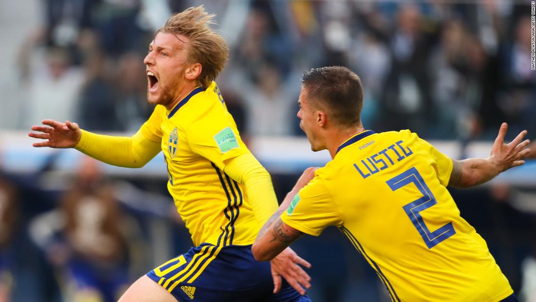 Sweden&#39;s Emil Forsberg, left, celebrates after scoring against Switzerland on July 3. Sweden won 1-0 to advance to the quarterfinals.