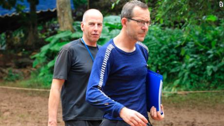 Richard Stanton, left, and John Volanthen  in northern Thailand on Tuesday, a day after they located the trapped team.