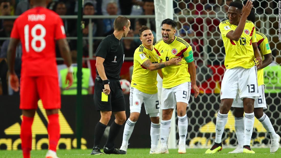 Falcao reacts after receiving a yellow card.
