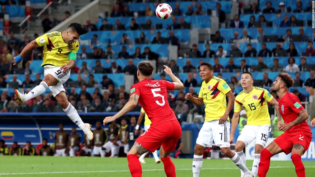 Colombian striker Radamel Falcao heads the ball toward goal on July 3.