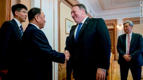 U.S. Secretary of State Mike Pompeo, second from right, greets Kim Yong Chol, second from left, a North Korean senior ruling party official and former intelligence chief, as they arrive for a meeting at the Park Hwa Guest House in Pyongyang, North Korea, Friday, July 6, 2018. Pompeo is on a trip traveling to North Korea, Japan, Vietnam, Abu Dhabi, and Brussels. Also pictured is Andrew Kim, the head of the CIA&#39;s Korea Mission Center, right. (AP Photo/Andrew Harnik, Pool)