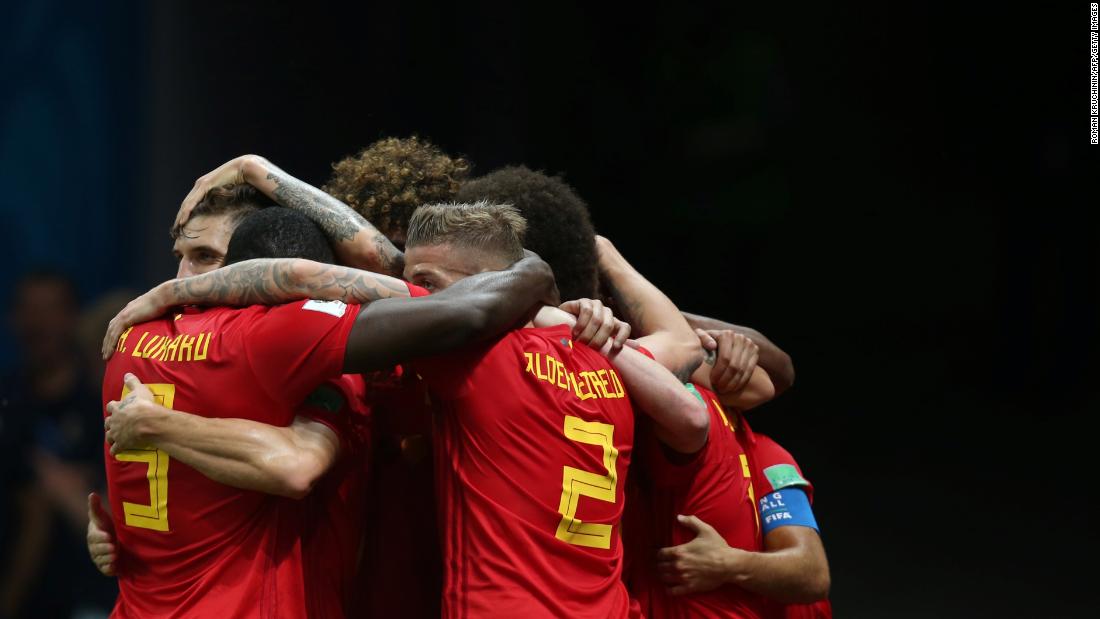 Belgian players celebrate the second goal in their 2-1 win over Brazil on July 6. They advanced to play France in the semifinals.