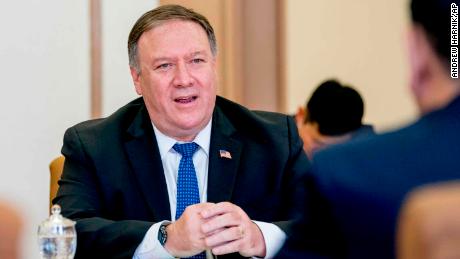 U.S. Secretary of State Mike Pompeo, left, speaks during a meeting with North Korean Director of the United Front Department Kim Yong Chol at the Park Hwa Guest House in Pyongyang, North Korea, Friday, July 6, 2018. Pompeo is on a trip traveling to North Korea, Japan, Vietnam, Abu Dhabi, and Brussels. (AP Photo/Andrew Harnik, Pool)