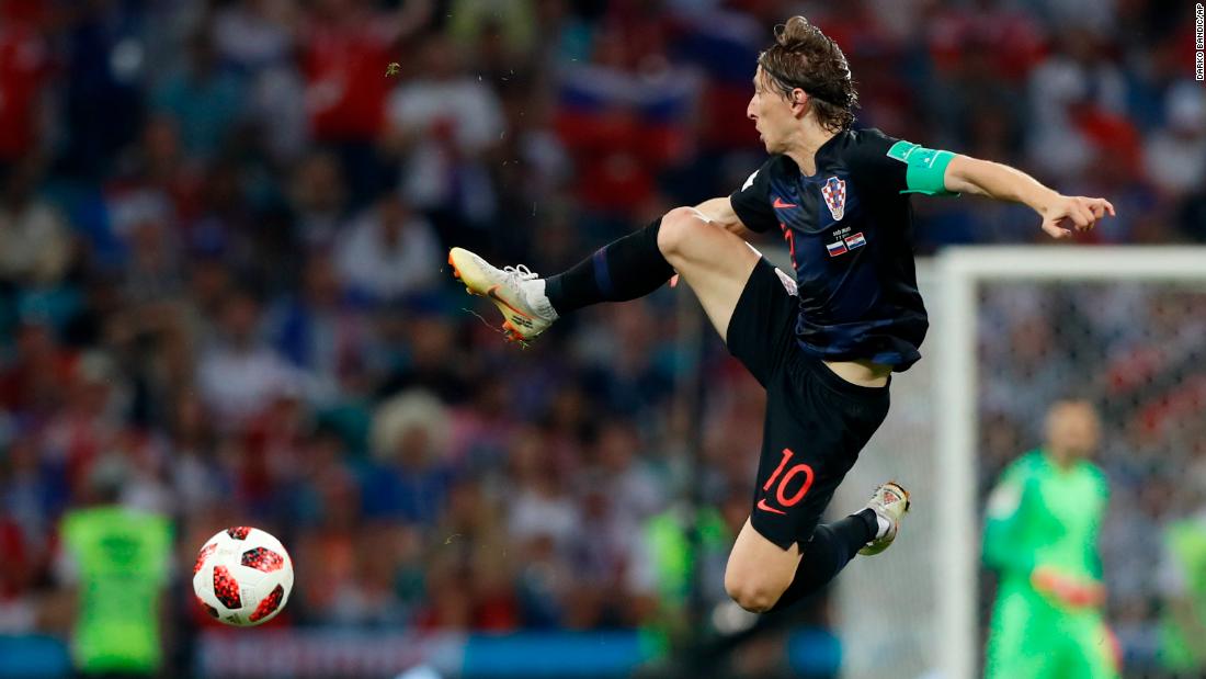 Luka Modric jumps for the ball during Croatia&#39;s quarterfinal victory over Russia on July 7.