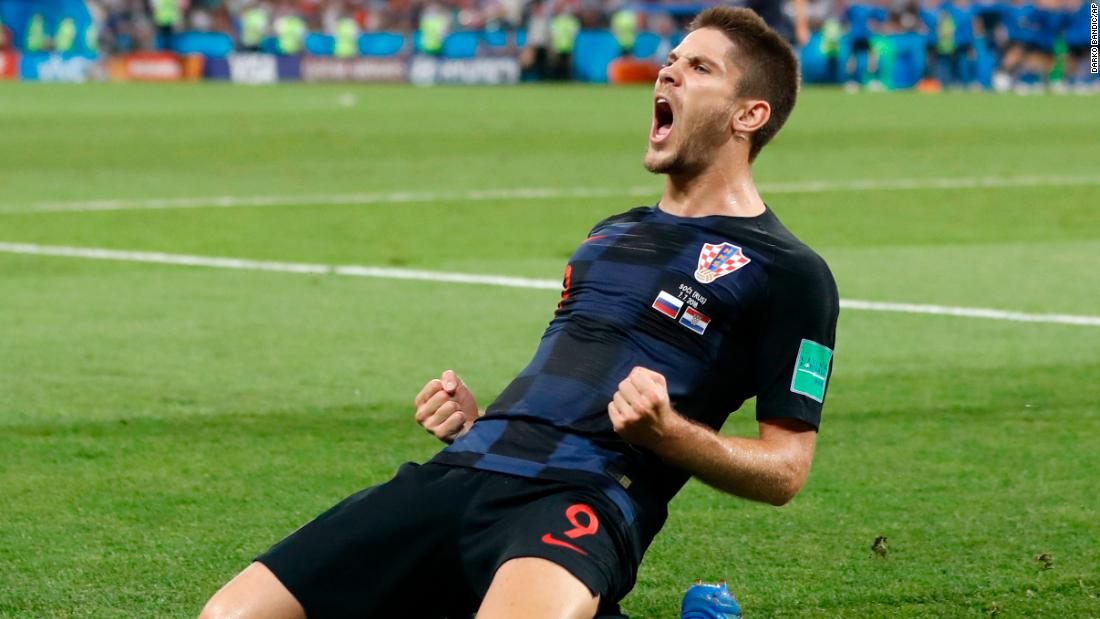 Croatia&#39;s Andrej Kramaric celebrates after scoring the opening goal against Russia.