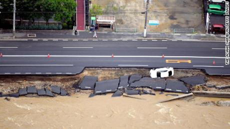 Heavy rains caused highway erosion in Hiroshima.