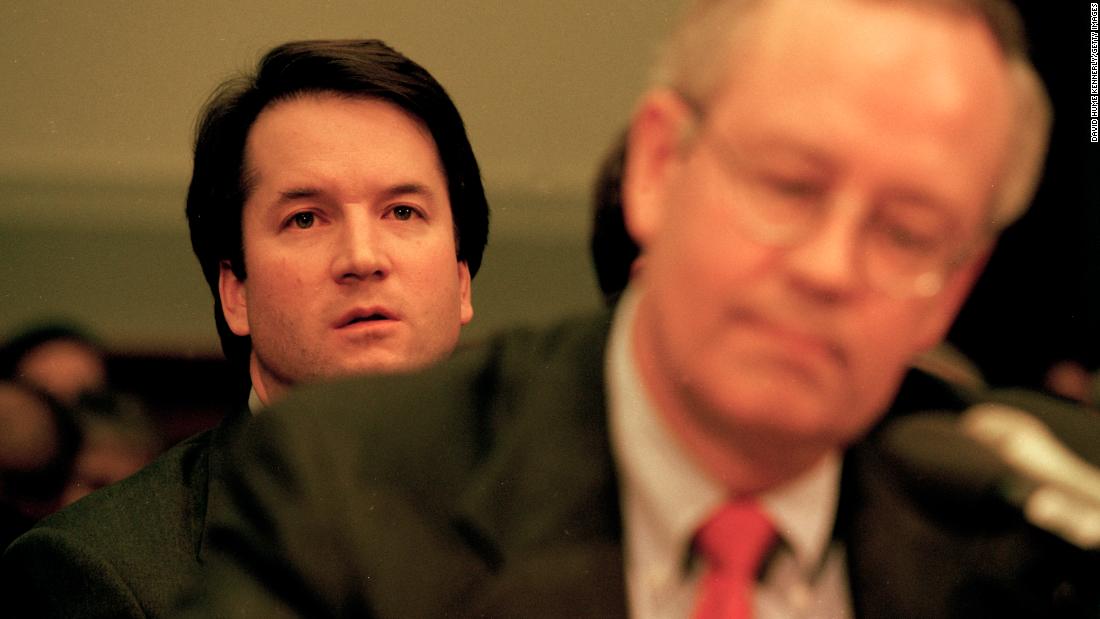 Kavanaugh sits behind Kenneth Starr as Starr testifies before a House committee in November 1998. Kavanaugh worked on Starr&#39;s investigation of President Bill Clinton.