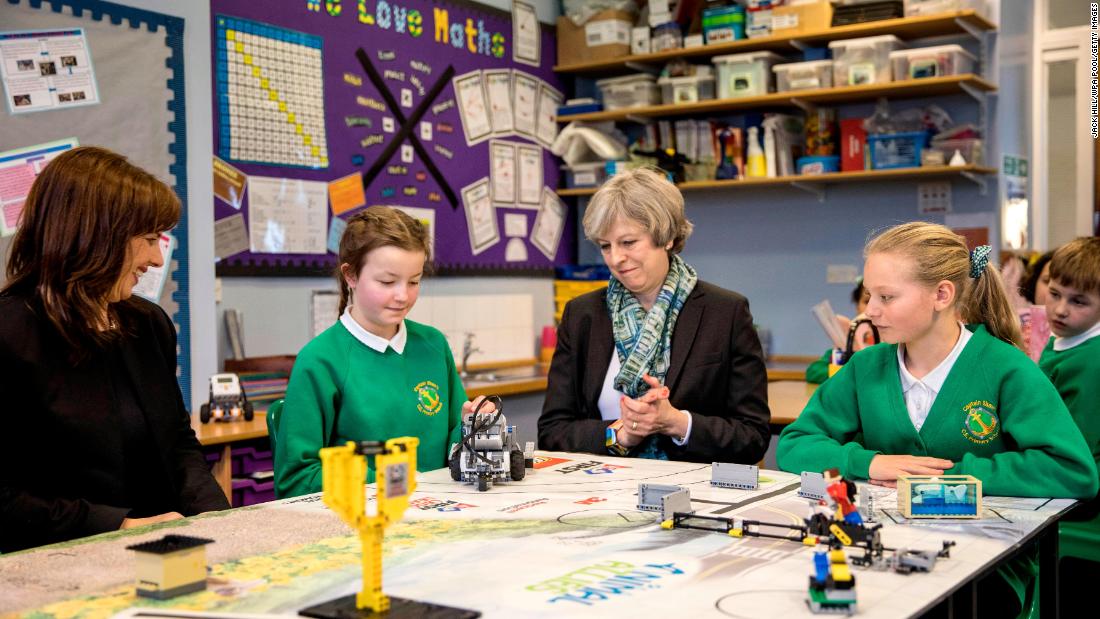 May visits a primary school in Bootle, England, in February 2017.