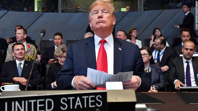 U.S. President Donald Trump attends a meeting of the North Atlantic Council during a summit of heads of state and government at NATO headquarters in Brussels on Wednesday, July 11, 2018. NATO leaders gather in Brussels for a two-day summit to discuss Russia, Iraq and their mission in Afghanistan. (AP Photo/Geert Vanden Wijngaert)