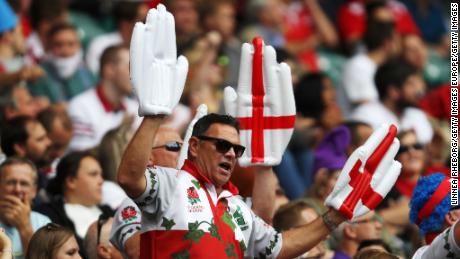 English rugby union fans at the HSBC London Sevens at Twickenham Stadium on June 2, 2018 in London.