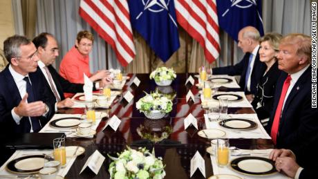NATO Secretary General Jens Stoltenberg (L), US President Donald Trump (R), NATO Assistant Secretary General for Political Affairs and Security Policy Alejandro Alvargonzalez (2L), NATO Spokesperson Oana Lungescu (3L) and White House Chief of Staff John Kelly (3R) and US Ambassador to NATO Kay Bailey Hutchison (2R) speak at a breakfast meeting at the US chief of mission&#39;s residence in Brussels on July 11, 2018, ahead of a NATO (North Atlantic Treaty Organization) summit. Brendan Smialowski/AFP/Getty Images